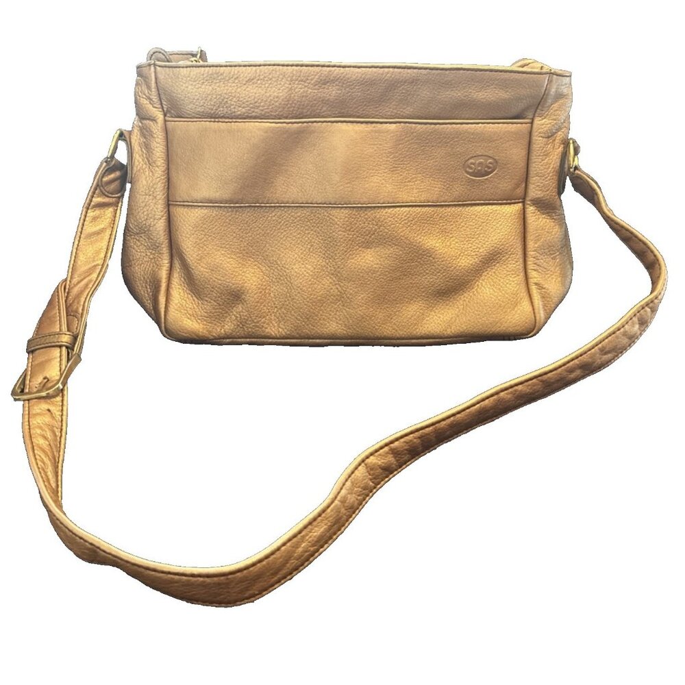 Vintage SAS Genuine Leather Shoulder Bag Copper Crossbody Purse Zipper Adj Strap